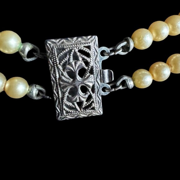 Vtg Sterling 925 Box Clasp Faux Cream Pearl Double-Strand 14" Art Deco Necklace - Picture 4 of 16